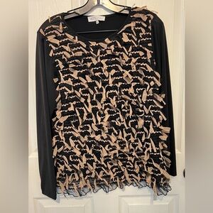 VLT’S by Valentina’s Women’s Black & Beige Woven Ribbon Detail Long Sleeve Top